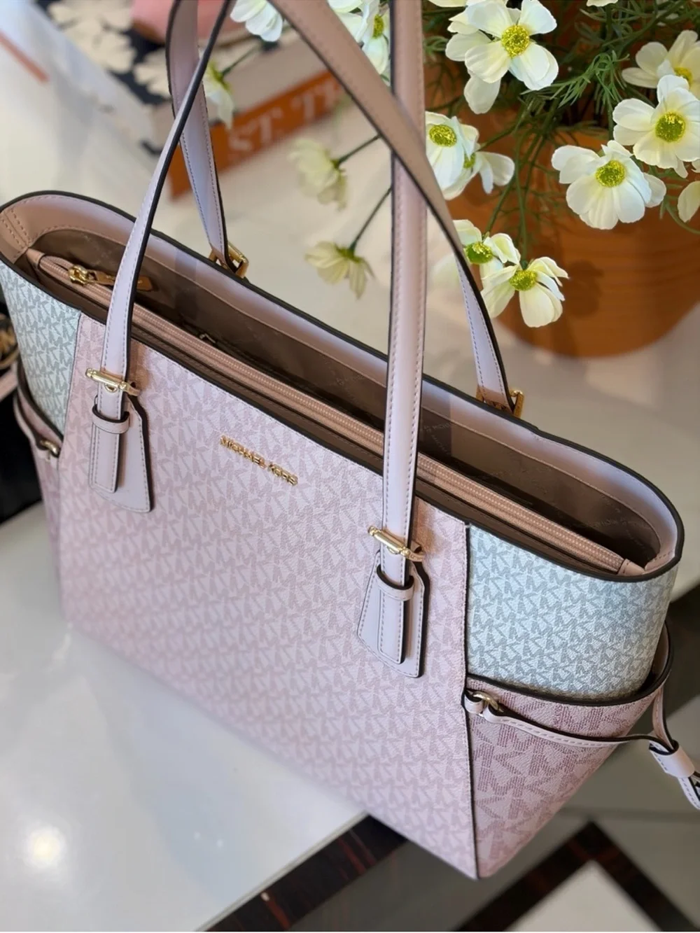 Michael Kors Pink Signature Tote with Trifold Wallet Set NWT